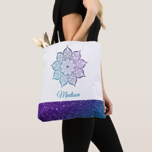 Purple & Teal Ombre Faux Glitter Mandala on White Tote Bag