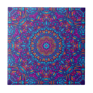 Purple, Teal, Orange & Yellow Boho Mandala Ceramic Tile