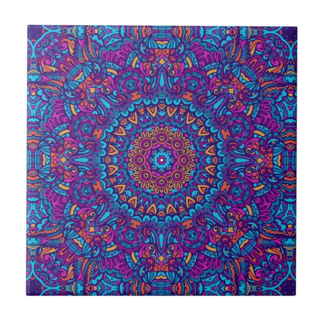 Purple, Teal, Orange & Yellow Boho Mandala Ceramic Tile (Front)