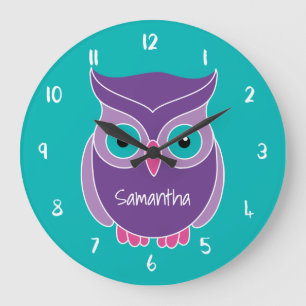 Purple Teal Owl Kids Personalised Animal Large Clock