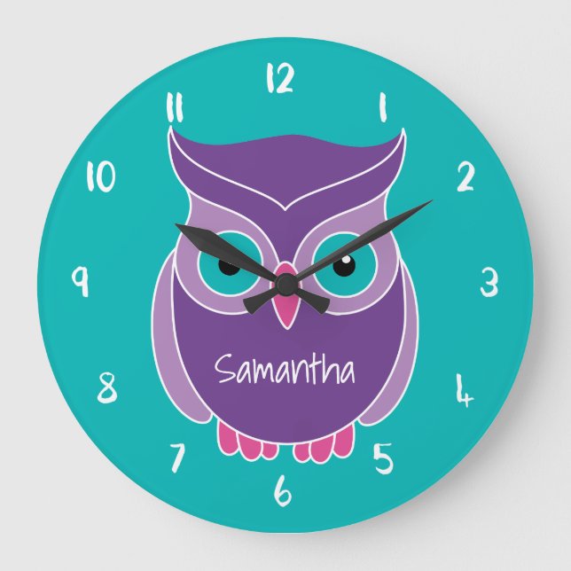 Purple Teal Owl Kids Personalised Animal Large Clock (Front)
