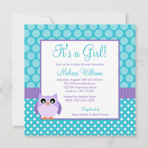 Purple Teal Owl Polka Dot Girl Baby Shower Invitation