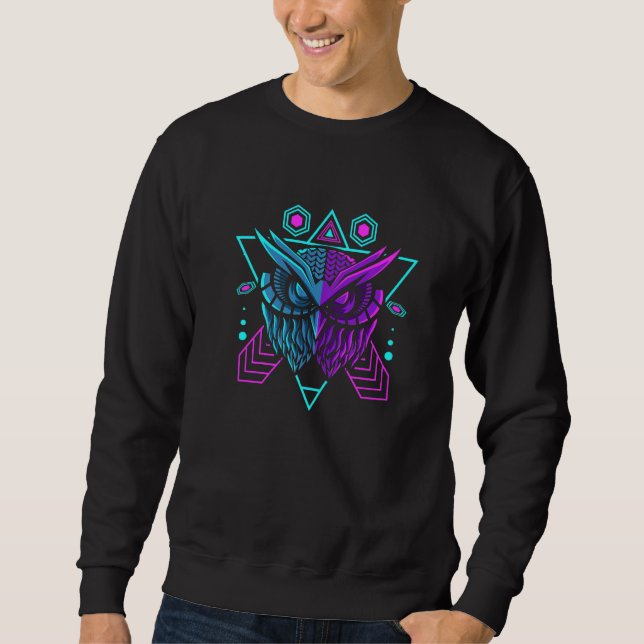 Purple Teal Owl With Triangle Geometric Synthwave  Sweatshirt (Front)