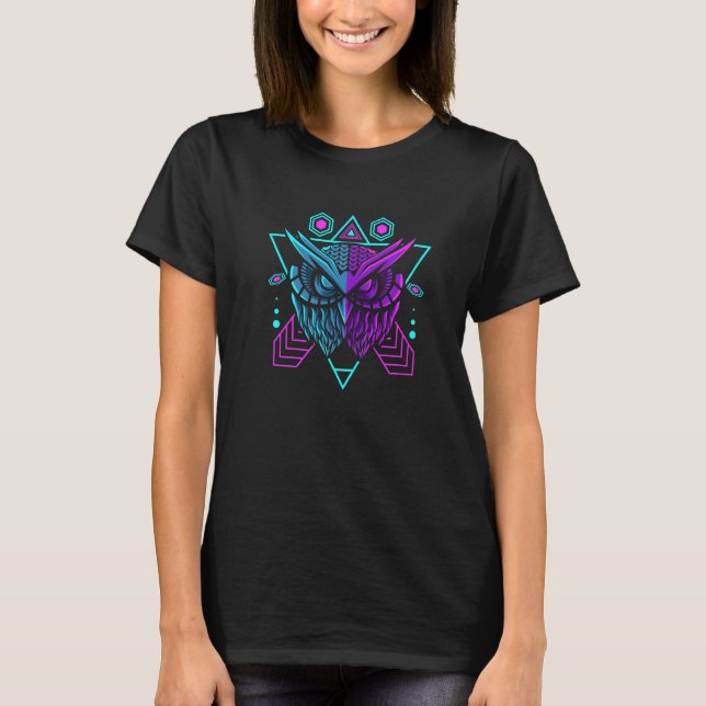 Purple Teal Owl With Triangle Geometric Synthwave  T-Shirt (Front)