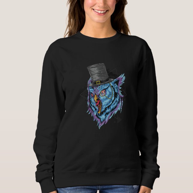 Purple Teal Owl With Triangles Synthwave Distresse Sweatshirt (Front)