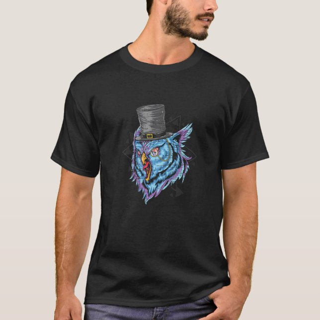 Purple Teal Owl With Triangles Synthwave Distresse T-Shirt (Front)