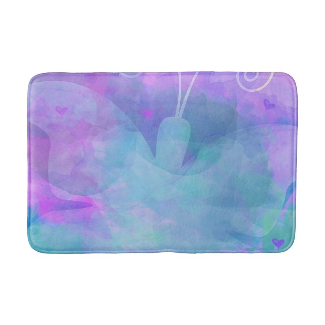Purple Teal Pastel Watercolor Art Butterfly Bath Mat (Front)