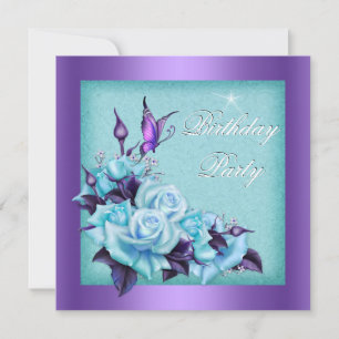 Purple Teal Roses Butterfly Floral Birthday Party Invitation
