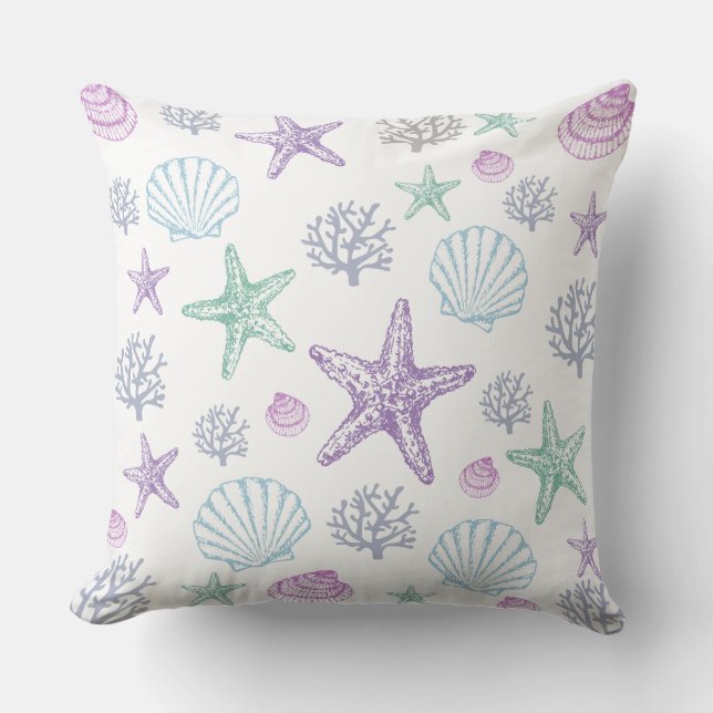 Purple Teal Seashell Starfish Coastal Shells Cushion (Front)
