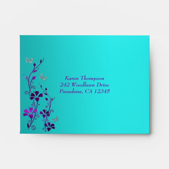 Purple Teal Silver Floral Butterfly A2 Envelope (Front)