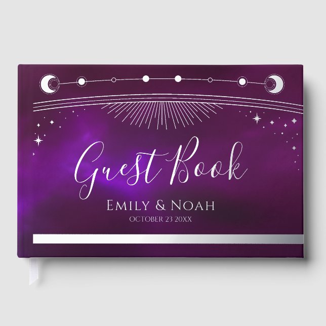 Purple Teal Silver Foil Celestial Wedding Guest Book (Front)