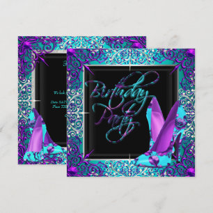 Purple Teal Silver High Heel Shoes Birthday Party Invitation