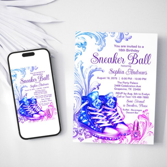 Purple Teal Sneaker Ball Birthday Party Invitation (Purple teal sneaker ball invitation with bling sneakers. Avaialble for Print and Instant Download.)