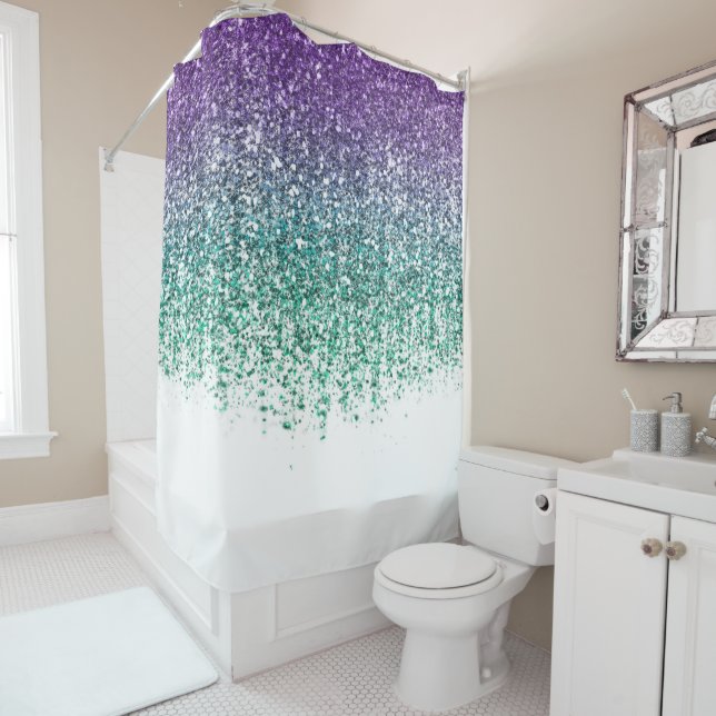 Purple Teal Sparkly Glitter Glam  Shower Curtain (In Situ)