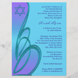 Purple Teal Star of David Bat Mitzvah Invitation