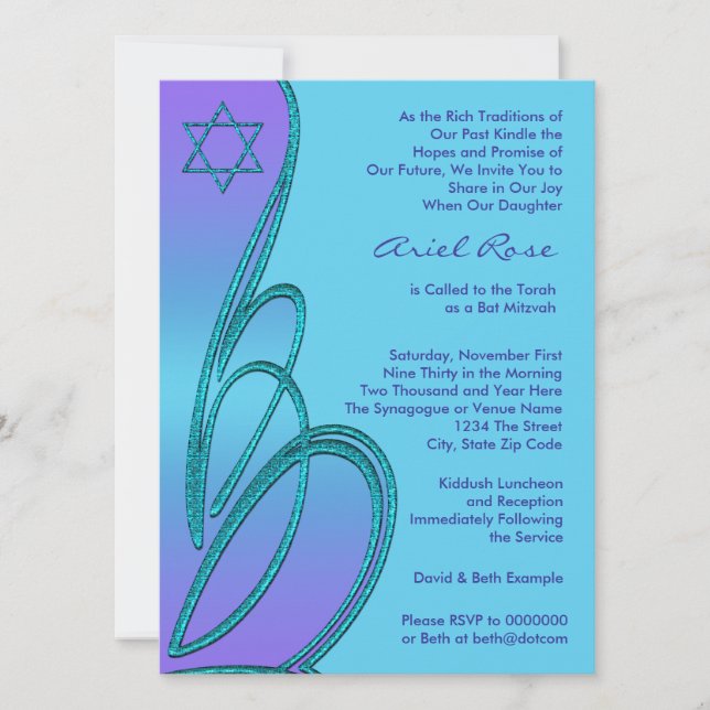 Purple Teal Star of David Bat Mitzvah Invitation (Front)