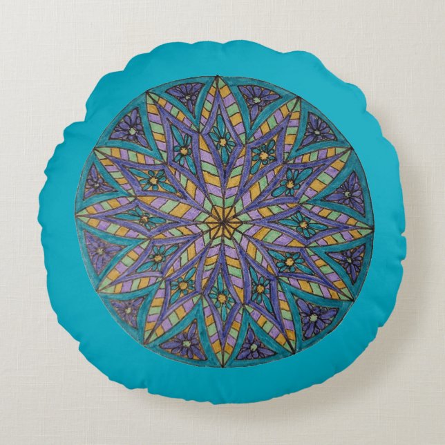 Purple/Teal Starburst Mandala Round Throw Pillow (Front)
