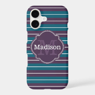Purple Teal Stripe Pattern Monogram Name
