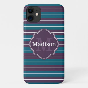 Purple Teal Stripe Pattern Monogram Name iPhone 11 Case