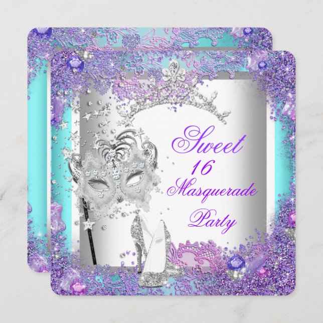 Purple Teal Sweet Sixteen 16 Masquerade Party Invitation (Front/Back)