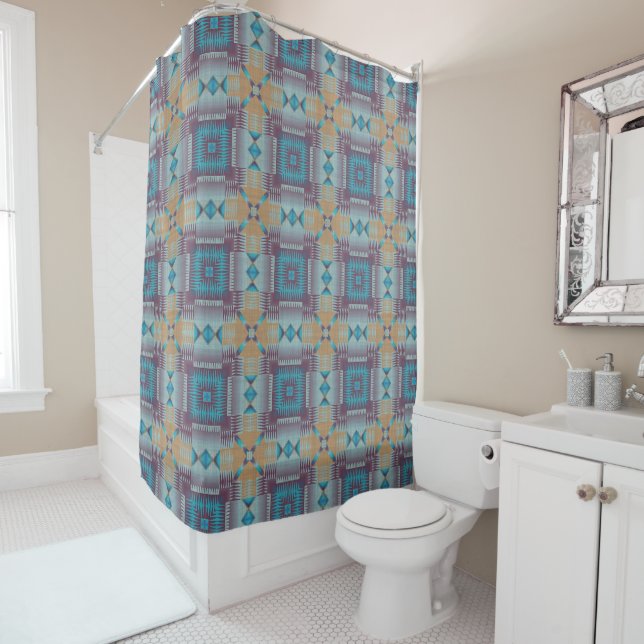 Purple Teal Taupe Native Tribal Mosaic Pattern Shower Curtain (In Situ)