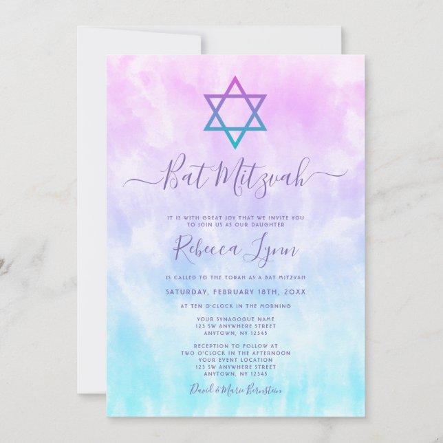 Purple Teal Tie Dye Bat Mitzvah Invitation (Front)