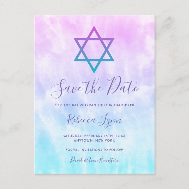 Purple Teal Tie Dye Bat Mitzvah Save the Date Announcement Postcard (Front)