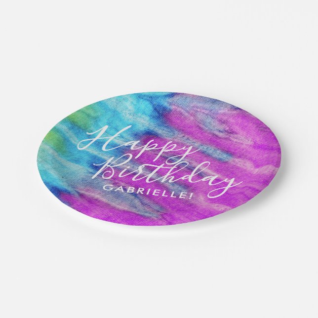 Purple Teal Tie Dye Happy Birthday Custom Name Paper Plate (Angled)
