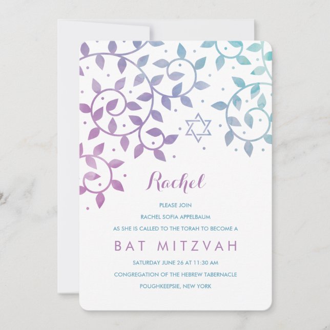 Purple + Teal Tree of Life Bat Mitzvah Invitations (Front)