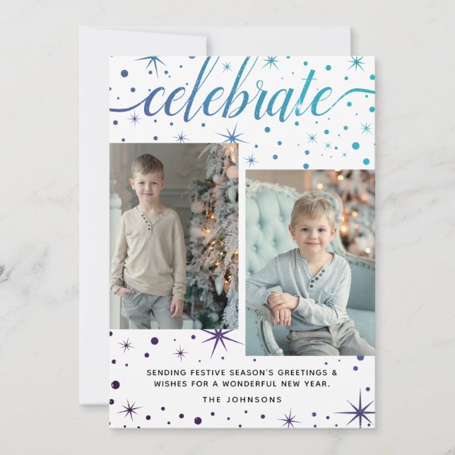 Purple Teal Typography Season's Greetings 2-Photo Holiday Card (Front)