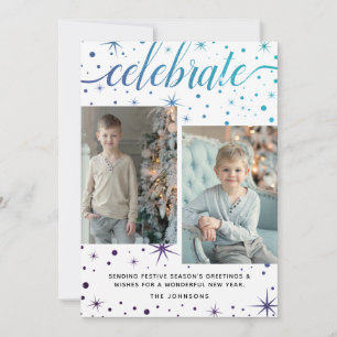 Purple Teal Typography Season's Greetings 2-Photo Holiday Card