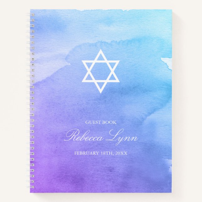 Purple Teal Watercolor Bat Mitzvah Guest Book (Front)