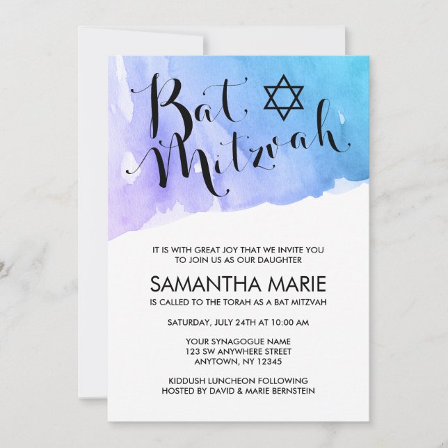 Purple Teal Watercolor Bat Mitzvah Invitations (Front)