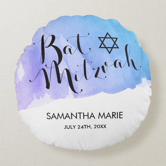 Purple Teal Watercolor Bat Mitzvah Round Cushion (Front)