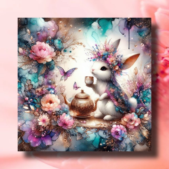 Purple Teal Watercolor Bunny Tea Party Easter Holiday Card (Creator Uploaded)