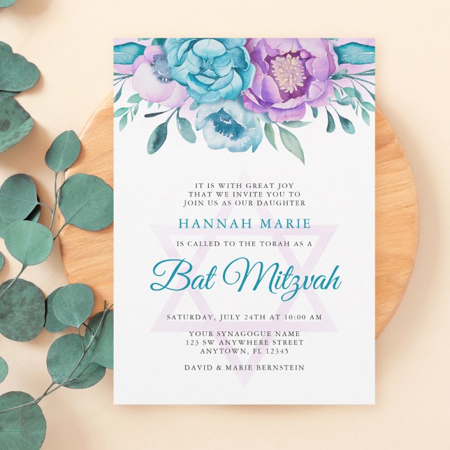 Purple Teal Watercolor Floral Bat Mitzvah Invitation (Creator Uploaded)