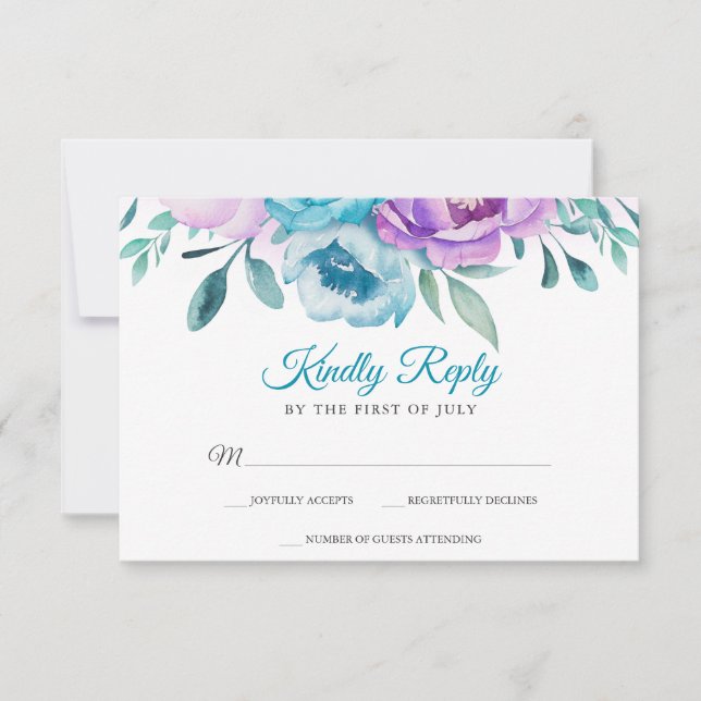 Purple Teal Watercolor Floral Bat Mitzvah RSVP Card (Front)