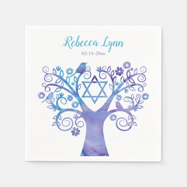 Purple Teal Watercolor Tree of Life Bat Mitzvah Napkin (Front)