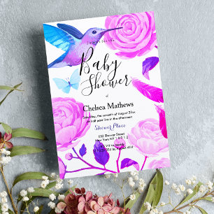  Purple teal white hummingbird floral Baby Shower  Invitation