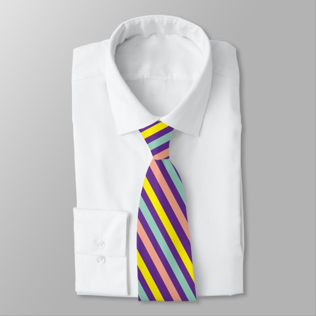 Purple Teal Yellow Peach Geometric Stripes Tie (Tied)