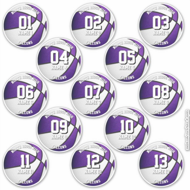 purple team colors gifts 13 basketball stickers (Front)