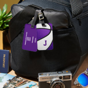 purple team colors monogrammed basketball luggage tag