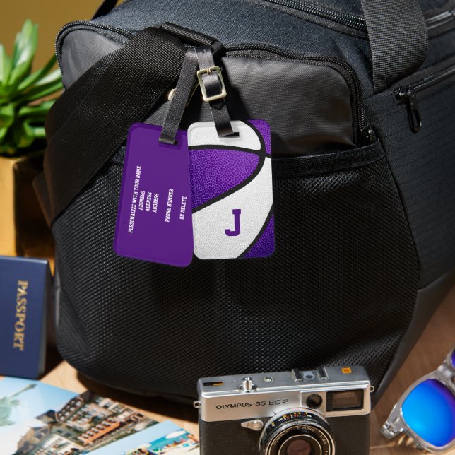 purple team colours monogrammed basketball luggage tag (Front & Back)