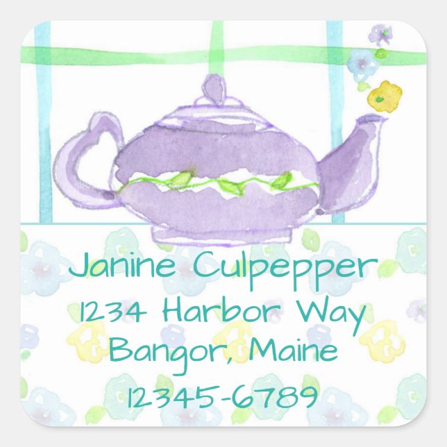 Purple Teapot Return Address Custom Name Square Sticker (Front)
