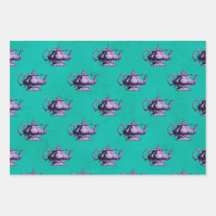 Purple Teapots on Teal Wrapping Paper Sheet