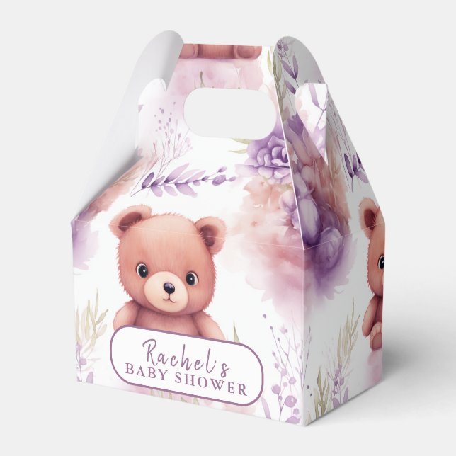 Purple Teddy Bear and Flowers - Baby Shower Favour Box (Front Side)