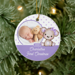 Purple Teddy Bear Baby's First Christmas Photo Ceramic Ornament