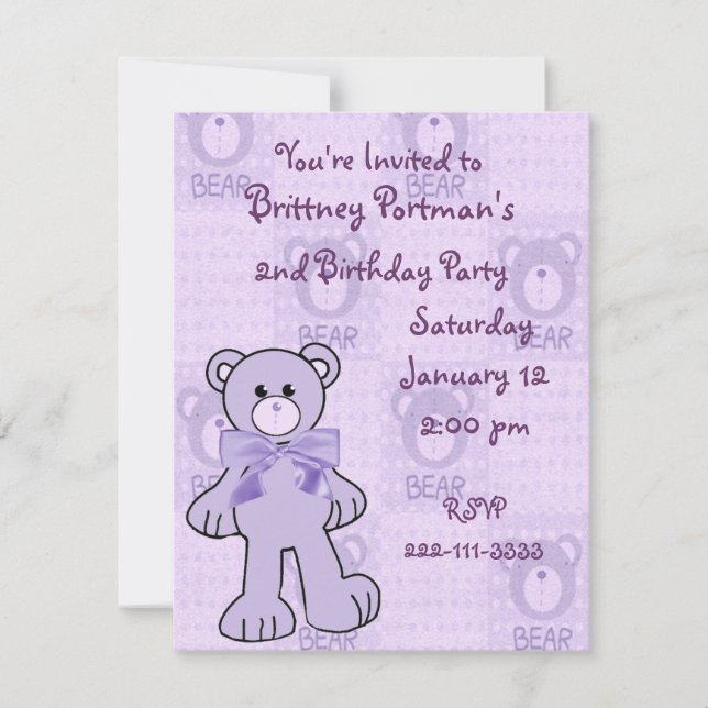 Purple Teddy Bear Birthday Invitation (Front)