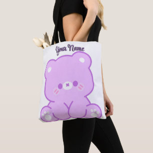 Purple Teddy Bear Cute Kawaii Custom Name Tote Bag