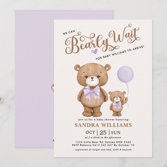 Purple Teddy Bear We Can Bearly Wait Baby Shower Invitation (Front/Back)